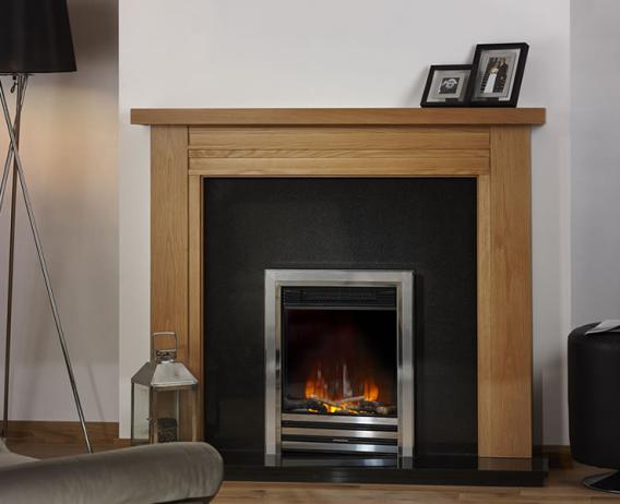Image showing the Oak Linear with black granite tile set fire